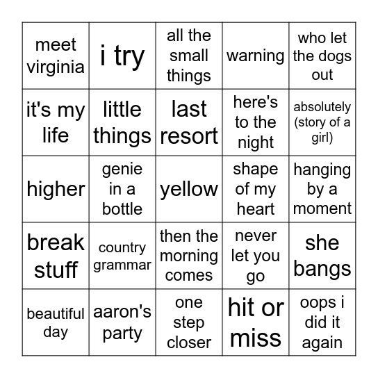 Y2K Bingo Card