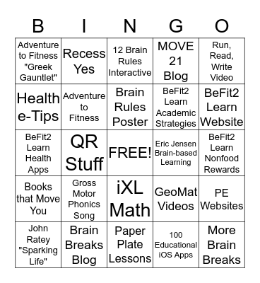 BeFit2Learn Bingo - Health/PE/PA Bingo Card