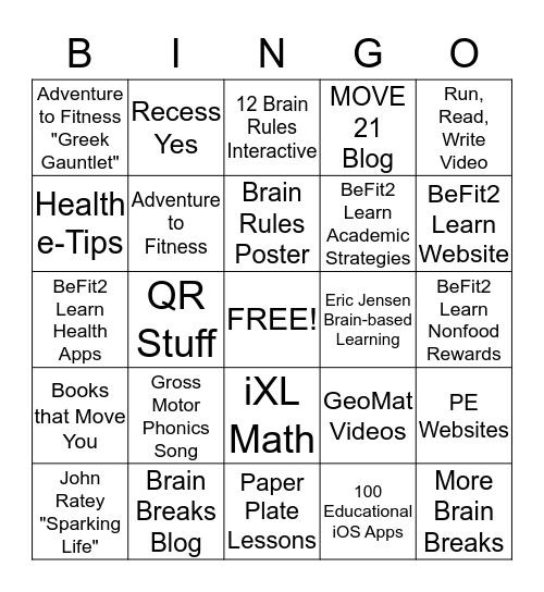 BeFit2Learn Bingo - Health/PE/PA Bingo Card