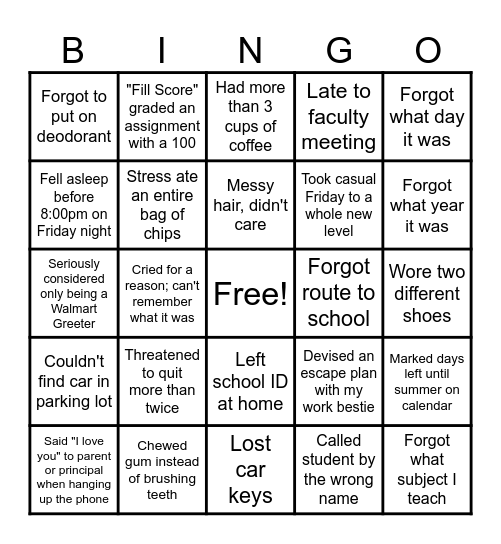 TIRED TEACHER Bingo Card
