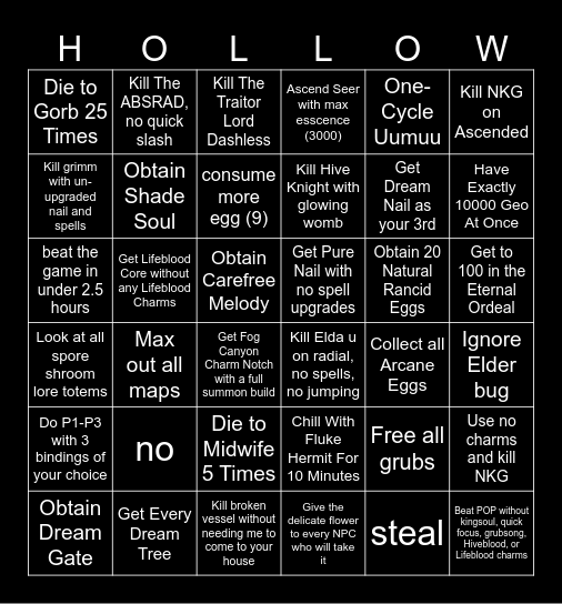 Hollow Knight Bingo! Bingo Card