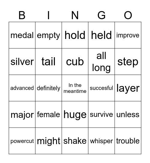 Vocabulary Words Bingo Card
