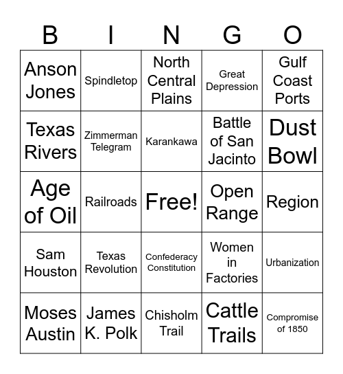 Texas History BINGO – Card 1 Bingo Card