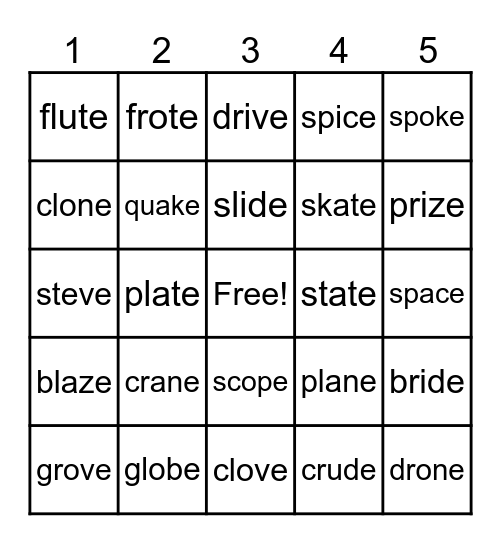 Silent e words with blends Bingo Card