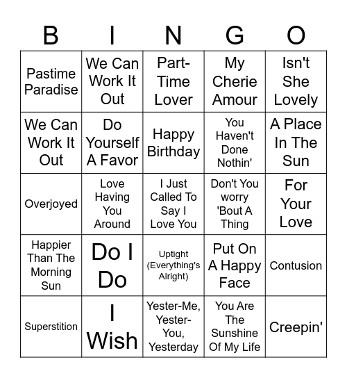 Stevie Wonder Bingo Card