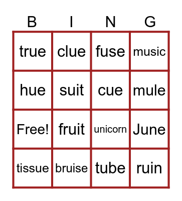 Long Vowel U Bingo Card