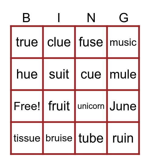 Long Vowel U Bingo Card