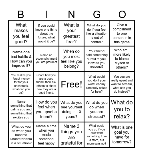 EMOTIONAL REGULATION Bingo Card