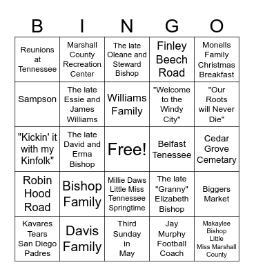 Bishop Davis Williams Family Reunion Bingo Card