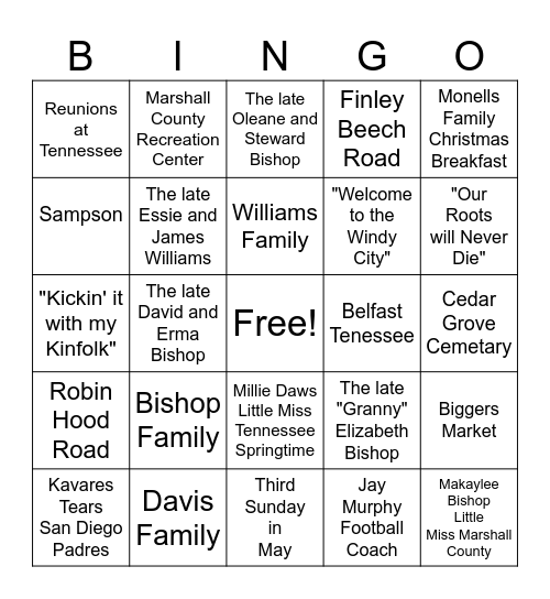 Bishop Davis Williams Family Reunion Bingo Card