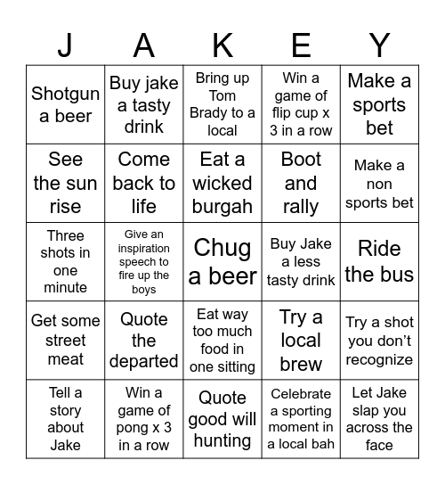 Jake’s Bachshots Bingo Card