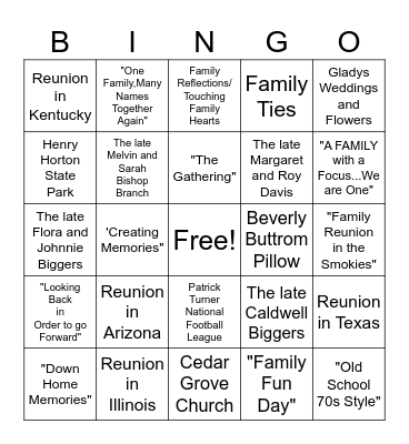 Bishop Davis Williams Family Reunion Bingo Card