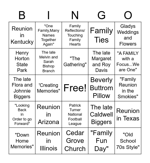Bishop Davis Williams Family Reunion Bingo Card