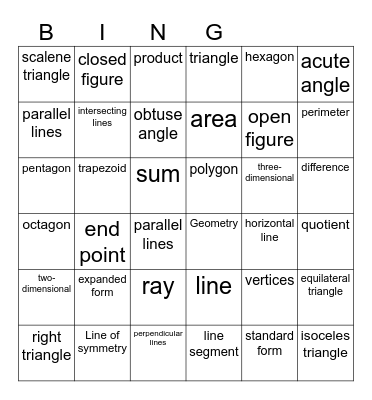 Geometry Vocabulary Bingo Card