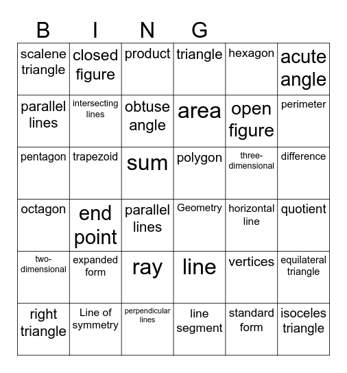 Geometry Vocabulary Bingo Card