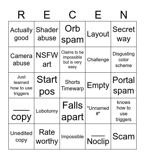 Recent Tab Bingo Card