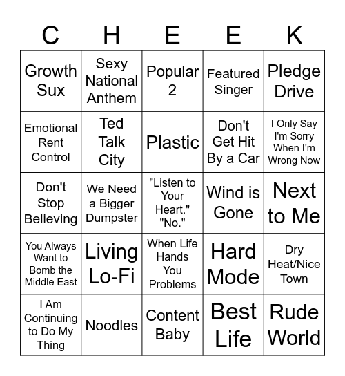 Cheekface Bingo Card