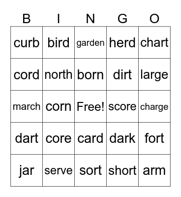 -or, -ore, -ar, -er, -ir, -ur, -wor Bingo Card