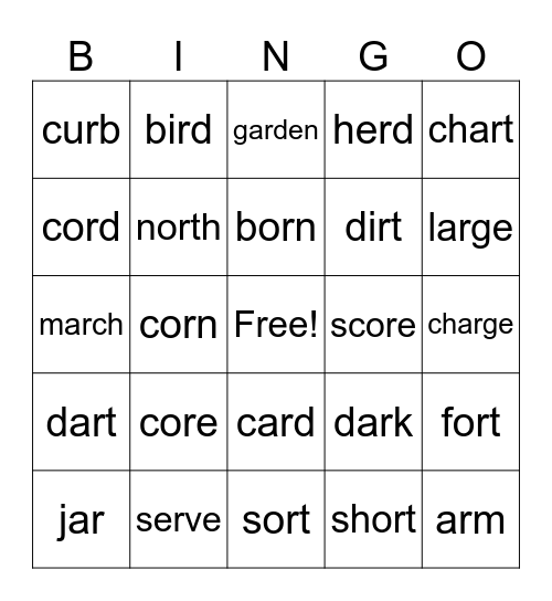 -or, -ore, -ar, -er, -ir, -ur, -wor Bingo Card