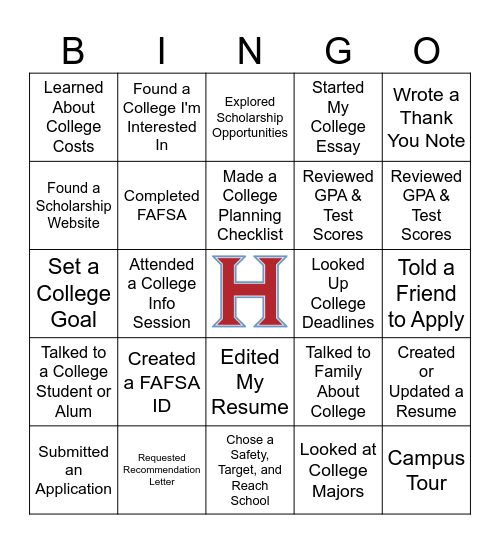 College Application Week Bingo Card