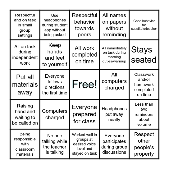 Classroom Bingo Card