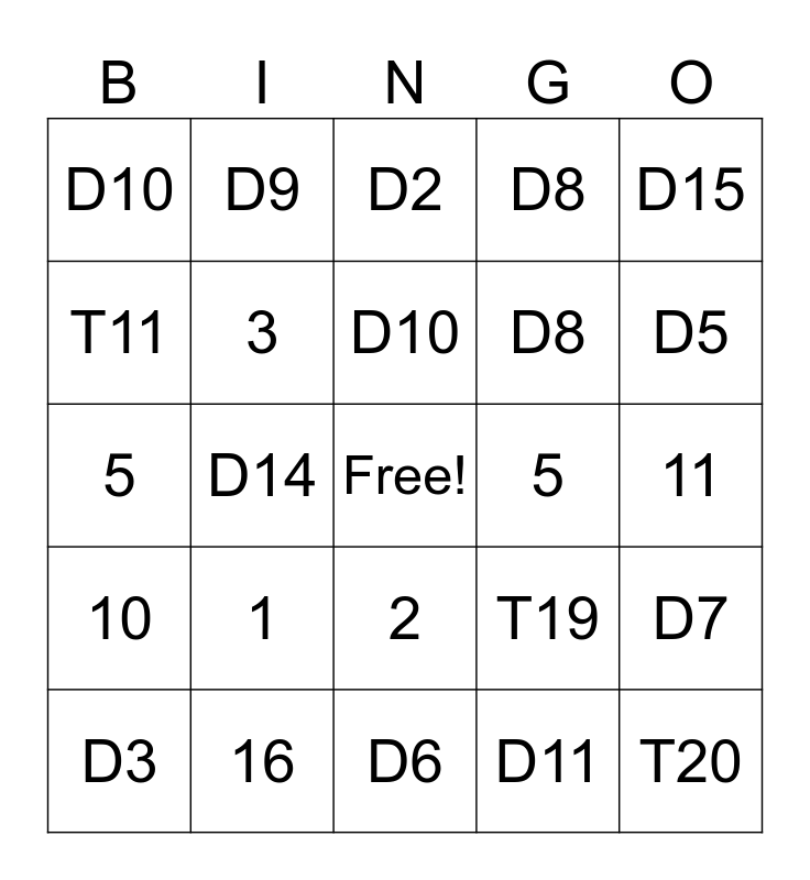 Dart Bingo Card