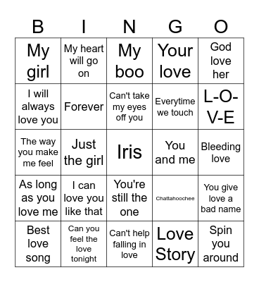 Songs About Love Bingo Card