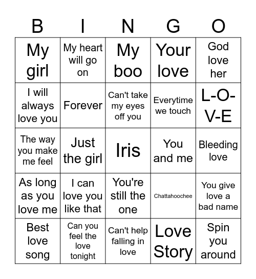 Songs About Love Bingo Card