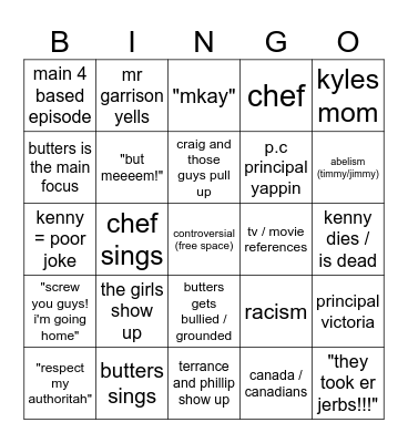 south park Bingo Card