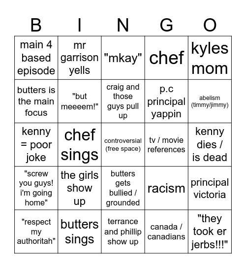 south park Bingo Card