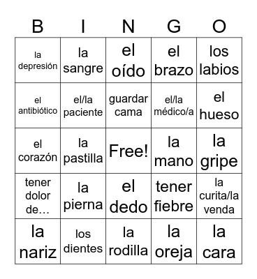 Las partes del cuerpo y la salud Bingo Card