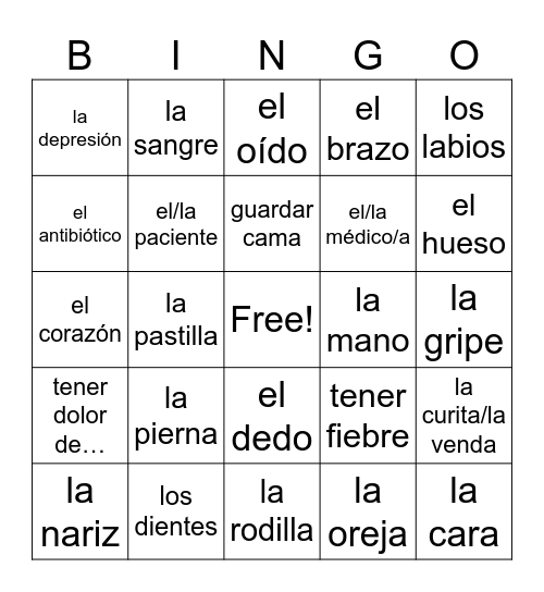 Las partes del cuerpo y la salud Bingo Card