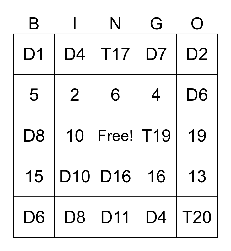 Dart Bingo Card