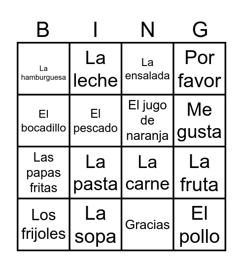 La comida Bingo Card
