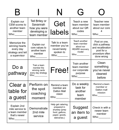 Training Team Bingo! Bingo Card