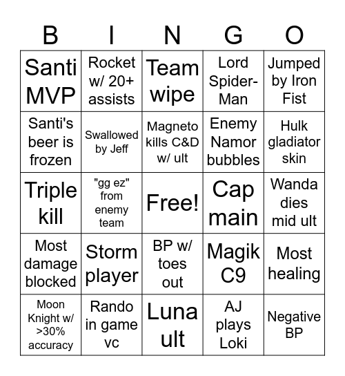 Rivals Bingo Card
