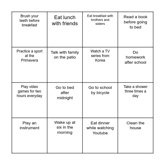 Daily routines Bingo Card