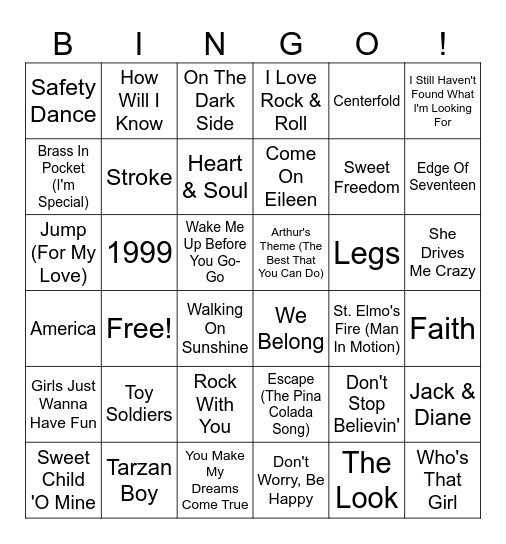 Billboard Hits Of The 1980s Bingo Card
