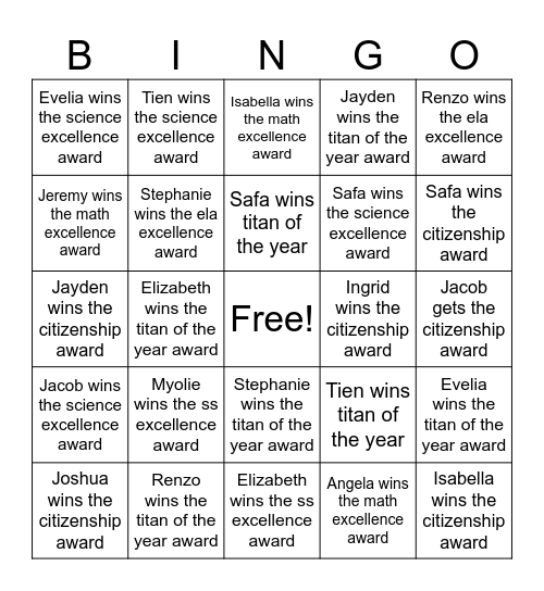 Award Ceremony Bingo Card