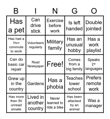 Team Building Bingo Card