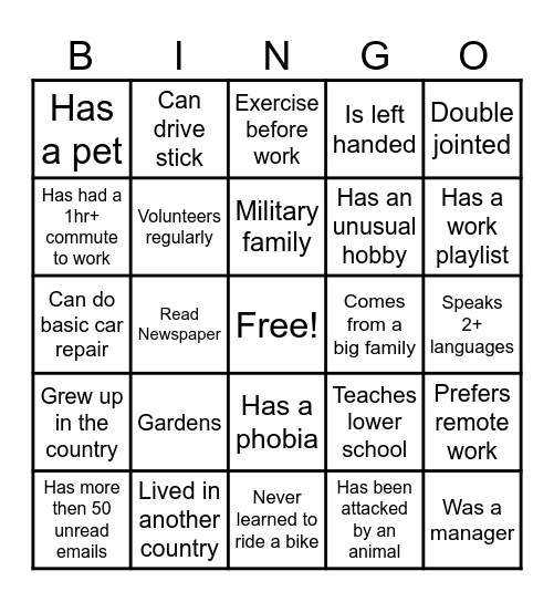 Team Building Bingo Card
