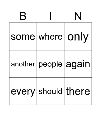 Sight Word Bingo Card