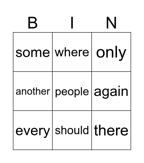 Sight Word Bingo Card