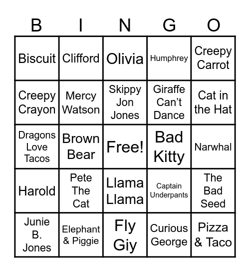 Book Character Bingo Card
