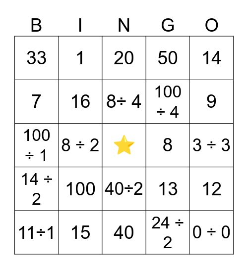 Division Bingo Card
