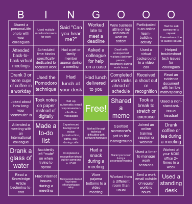Work From Home Bingo Card