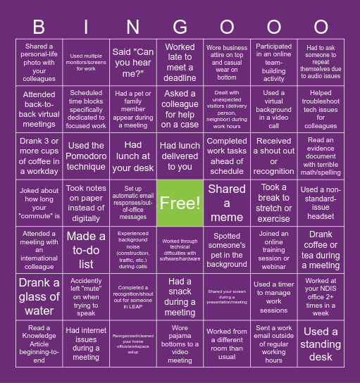 Work From Home Bingo Card