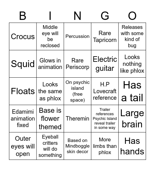 Psychic Island Titansoul Bingo Card