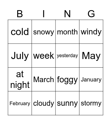Weather and Calendar Words Bingo Card