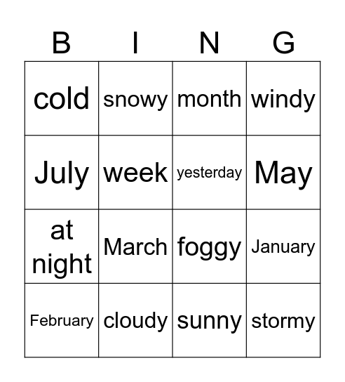 Weather and Calendar Words Bingo Card